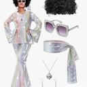 Jexine 70s Women Disco Outfit Costume Disco Party Top Pants Sunglasses Ball Necklace Earring Wig for Halloween New Year Eve, Medium