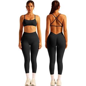 ABOCIW 2 Piece Workout Sets for Women Seamless Strappy Sports Bra V Scrunch Butt Lifting High Waist Leggings Gym Set (Small, Black)