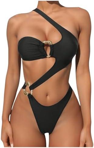 OYOANGLE Women's Ring Linked Cut Out One Shoulder One Piece Swimsuit High Cut Bathing Suits Size M