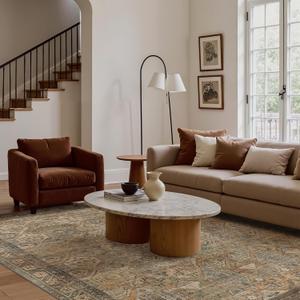 Bavni Washable Rugs 8x10 Area Rug for Living Room Bedroom, Washable Brown Rug Vintage Print Carpet, Ultra-Thin Chenille Low Pile Lightweight Mat with Non Slip Backing, Warm Taupe