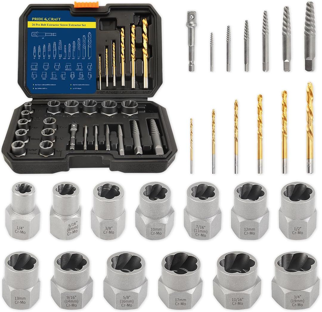 PRIDE&CRAFT 26Pcs Screw Extractor Set, Bolt Extractor Kit with HSS Left Hand Drill Bits, Stripped Screw Extractor, Nut Extractor Set with Hex Adapter for Damaged, Rusted Bolts, Screws, Nuts and Studs