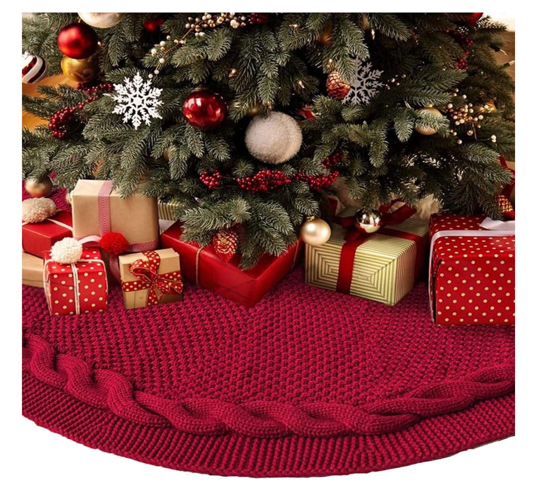 48 Inch Dark Red Knitted Christmas Maroon Tree Skirt
