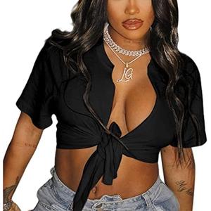 Bornpom Women Sexy Graphic Tees Low Cut V Neck Tops Short Sleeve Shirts Knot Front Tops (Black), Size: XL