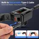 Motorcycle USB Charger, 3-in-1 Fast Charging with USB-A & USB-C + Retractable Type-C Cable, 12–24V Waterproof IP56, LED Voltmeter, Handlebar & Mirror Mount for Motorbike ATV