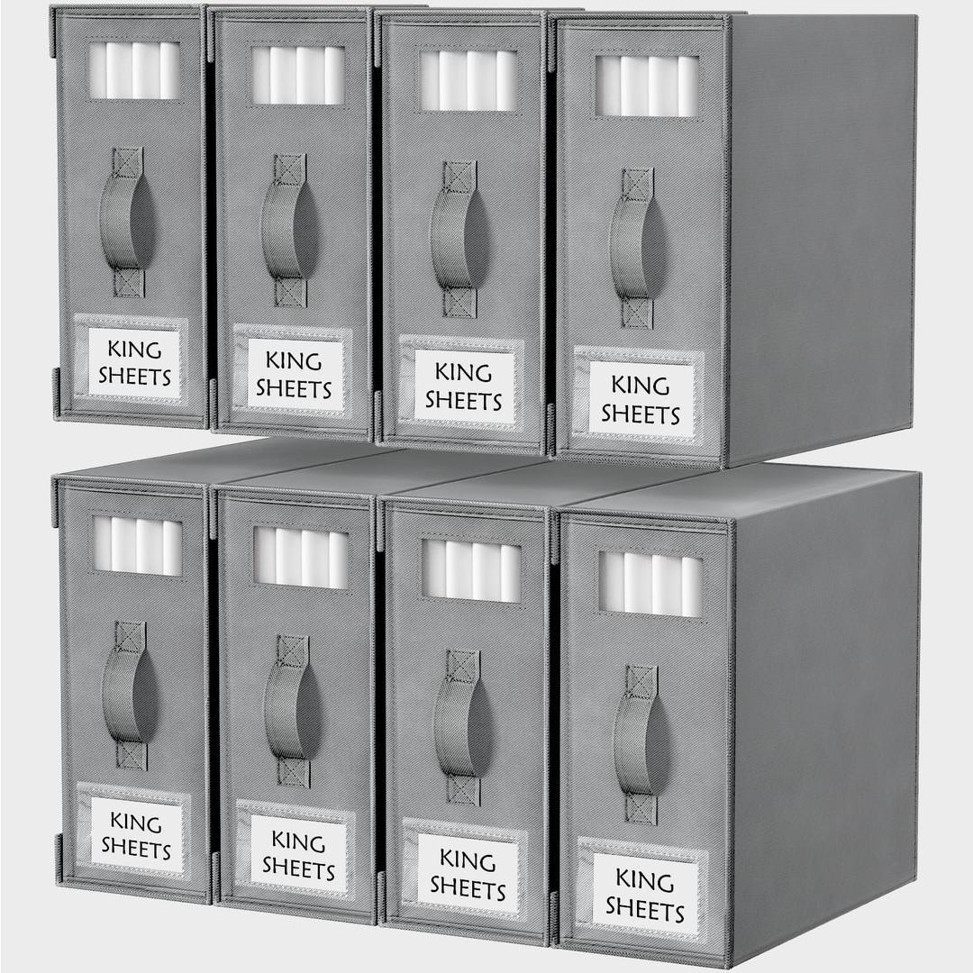 Criusia Bed Sheet Organizers and Storage, 8 Pack Foldable Linen Closet Organizer Box  Bedding Holder for Sheet Set (King/Queen Sizes), Duvet Covers, Blankets (Grey)