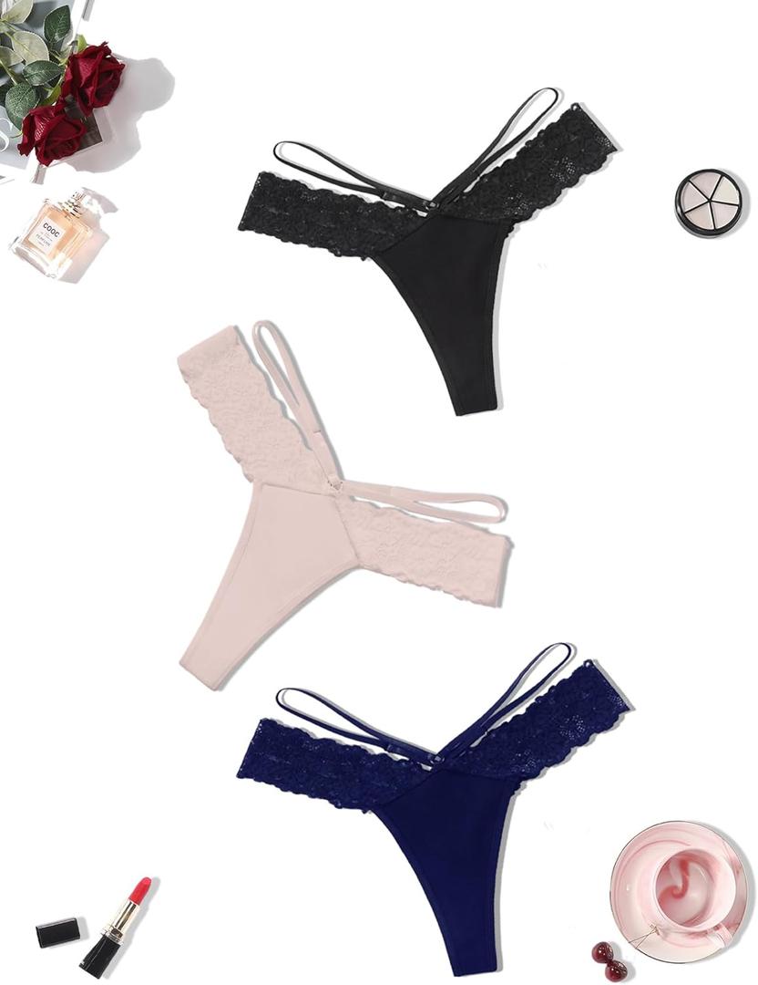 Avidlove Womens Underwear Cotton Thongs Sexy Lace Bikini Panties V Shape Waistband Tangas 1-4 Packs (Medium, Black,pink,navy Blue)