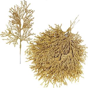 15 Pcs Gold Glitter Artificial Cedar Sprigs Picks Faux Cedar Branches Stems Christmas Tree Picks Sprays 15.4" H for Gold Christmas Tree Wreath Wedding Bouquet Winter Seasonal Holiday Decoration