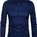 Manwan walk Men's Slim Fit Business Casual Cotton Long Sleeves Solid Button Down Dress Shirts (Large, Navy Blue)