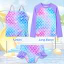 Girls Rash Guard Swimsuit 3 Pieces Long Sleeve UPF50+ Quick Dry Bathing Suit for Toddler 3-12Y (Purple)