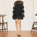 Lizxun Women Lace Sheer Dress, Sexy Long Sleeve Crew Neck Cocktail Mini Short Dress (Black, S) (S)