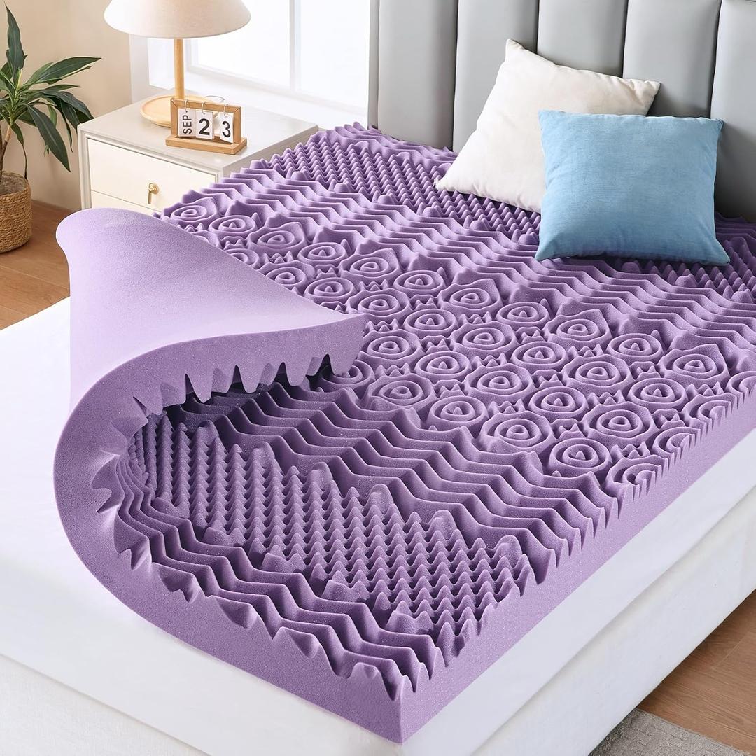 MUXHOMO 3.9 Inch 7-Zone Queen Mattress Topper, Egg Crate Memory Foam Mattress Topper Queen Size for Back Pain, Lavender Cooling Gel Infused Bed Pad, CertiPUR-US and Oeko-TEX Certification (60"80")