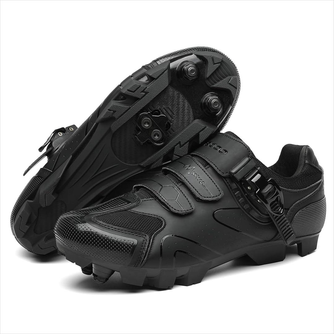 Mountain Bike Shoes for Men with 2-Bolts SPD Cleats Indoor Outdoor Cycling Shoes with Quick Ratchet Buckle, Black 47