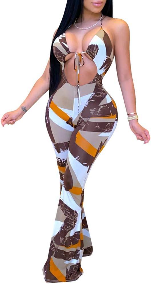 Remelon Womens Spaghetti Strap Halter Tie Dye Print Cut Out Bodycon Bell Flare Pants Club Party One Piece Jumpsuits Rompers (Large, 1-brown)