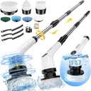 Electric Spin Scrubber, Full-Body IPX7 Waterproof Cordless Power Cleaning Brush with Adjustable Extension Handle, 2-Speed Shower Scrubber with 7 Replaceable Brush Heads for Bathroom, Kitchen Cleaning (Black White)