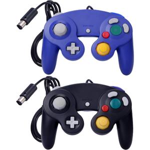 ONE250 2 Pack Classic Shock Joypad Wired Controller, Compatible with Wii NGC Gamecube Game Cube (Black & Blue)