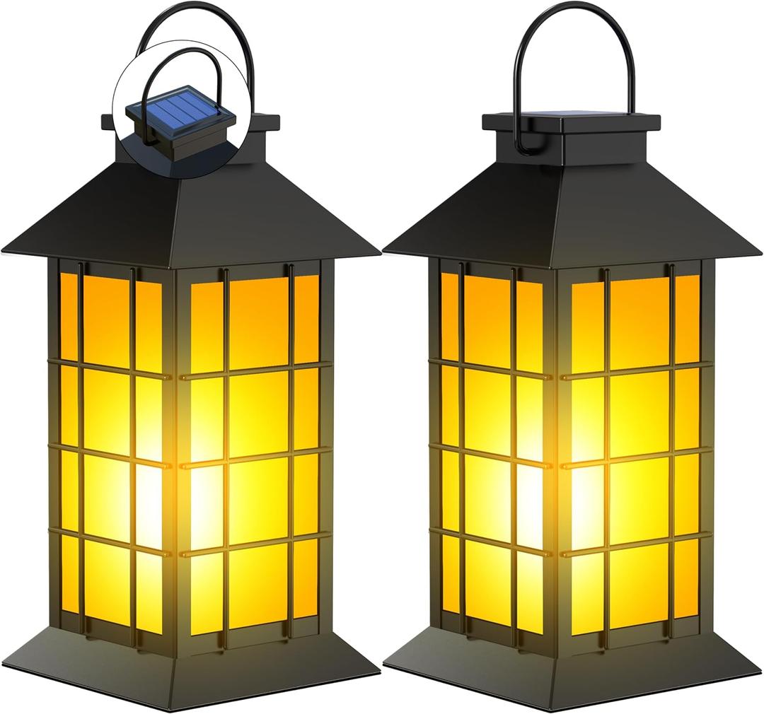 2 Pack 13" Black Solar Lantern with Flickering Flame Candle | Outdoor Waterproof Hanging Solar Lanterns, Metal & Glass Lights for Garden Decoration, Rustic Gifts for Mom