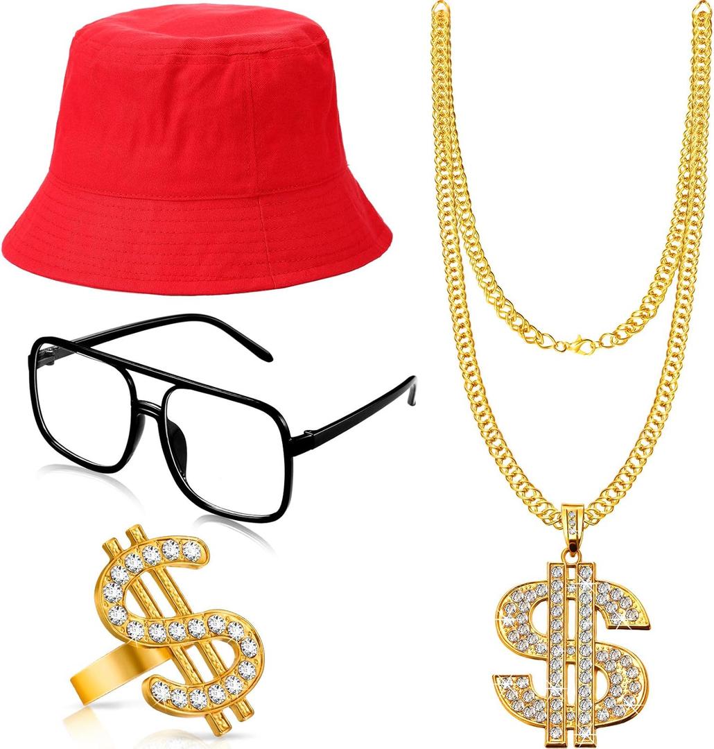 Gejoy 80s 90s Hip Hop Costume Kit Rapper Accessories Outfit Sunglass Hat Chain Ring for Men Women Halloween Party Decoration (Red)