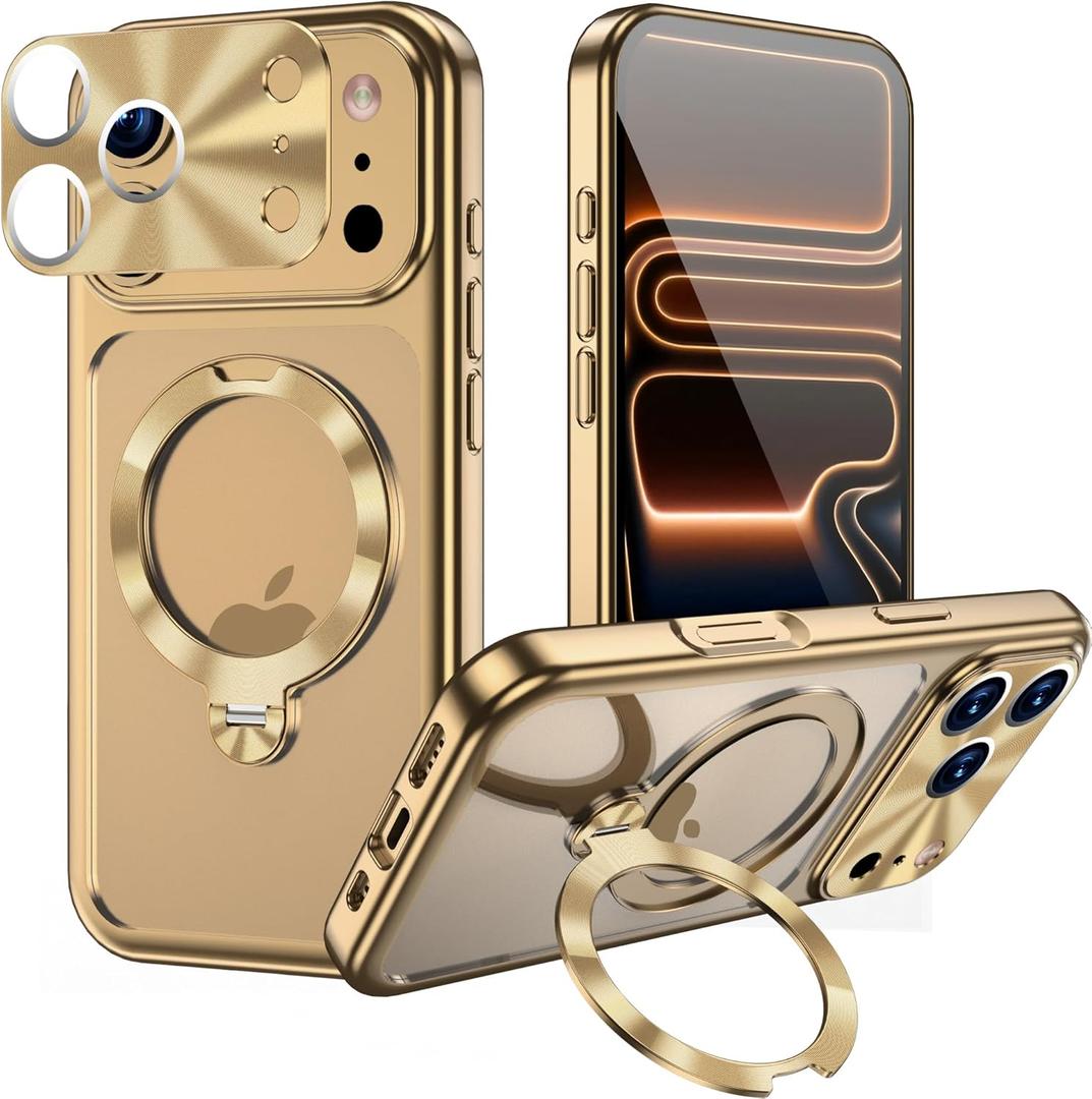 IPhone 17 Pro Max Case with Ring Stand CD Metal 360 Spin Invisible Magnetic kickstand Fit for Magsafe Electroplated Titanium Bumper with Camera Cover Military Drop Protection for Men Woman Gold