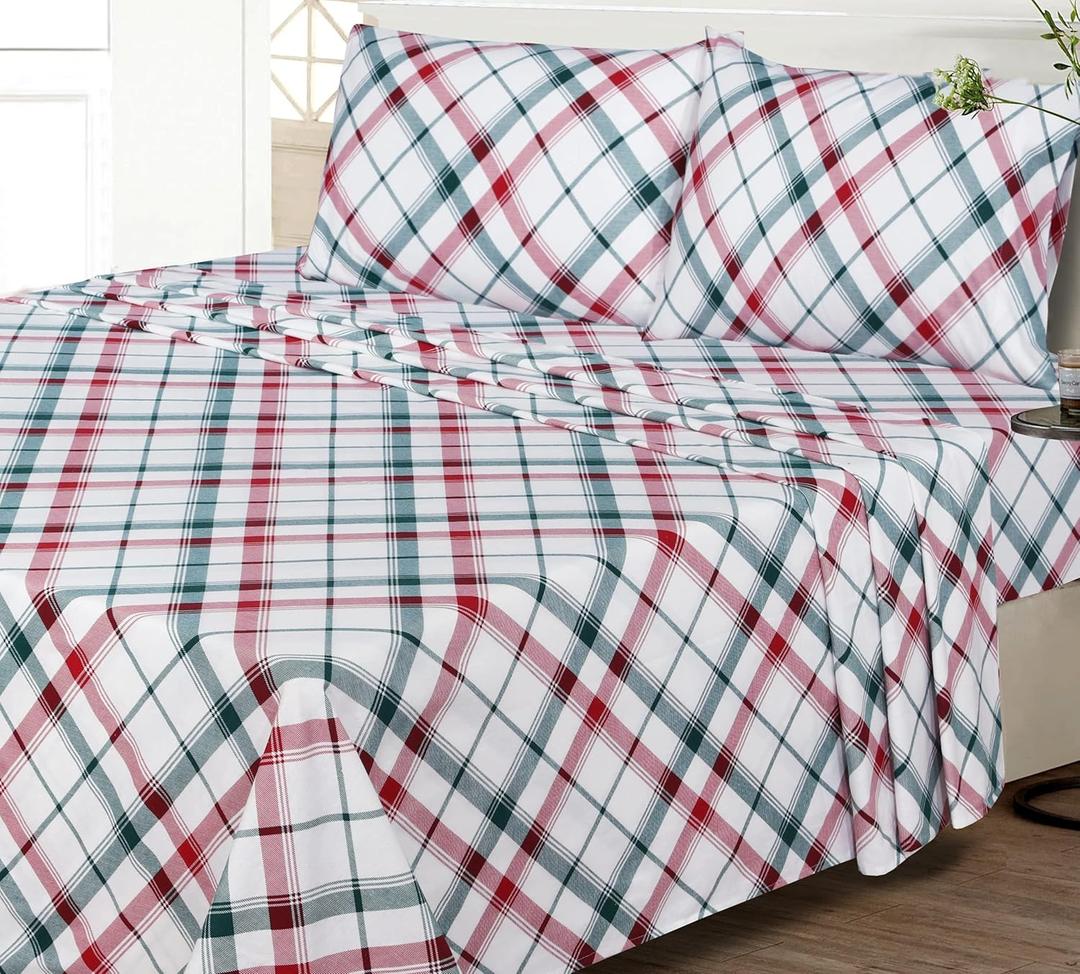 RUVANTI Flannel Sheets Queen Size - 100% Cotton Brushed Bed Sheet Sets - 88 x 101 inch - All Seasons Breathable & Super Soft - Warm & Cozy - 4 Pcs - Red & Green Cross