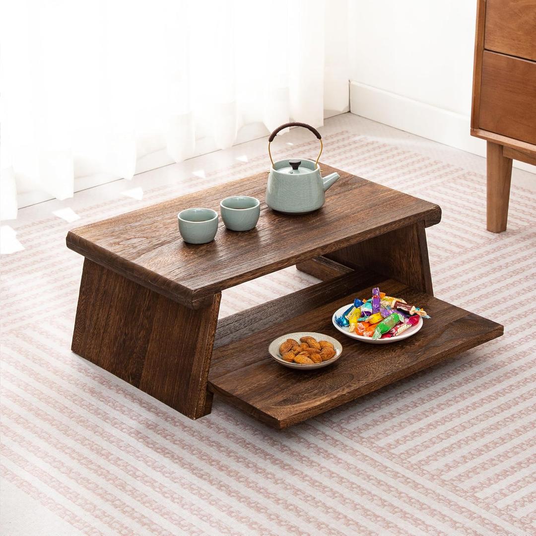 Japanese Altar Table, Vintage Black Minimalist Low Coffee Table, Foldable Wooden Tea Table for Living Room, Tatami and Meditation (Minimalist, Rustic Black, 19.7" Length)