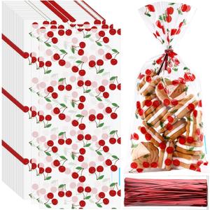 Yexiya 100pcs Red Cherries Cellophane Clear Treat Bags Goodie Gift Bag with Ribbon Bows Cherry Printed Plastic Candy Snack Bags for Baby Shower Wedding Birthday Party Favors