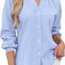 Blooming Jelly Womens Striped Button Down Shirt V Neck Long Sleeve Cotton Blouse Business Casual Trendy Fashion Work Tops (X-Large, Cadet Blue)