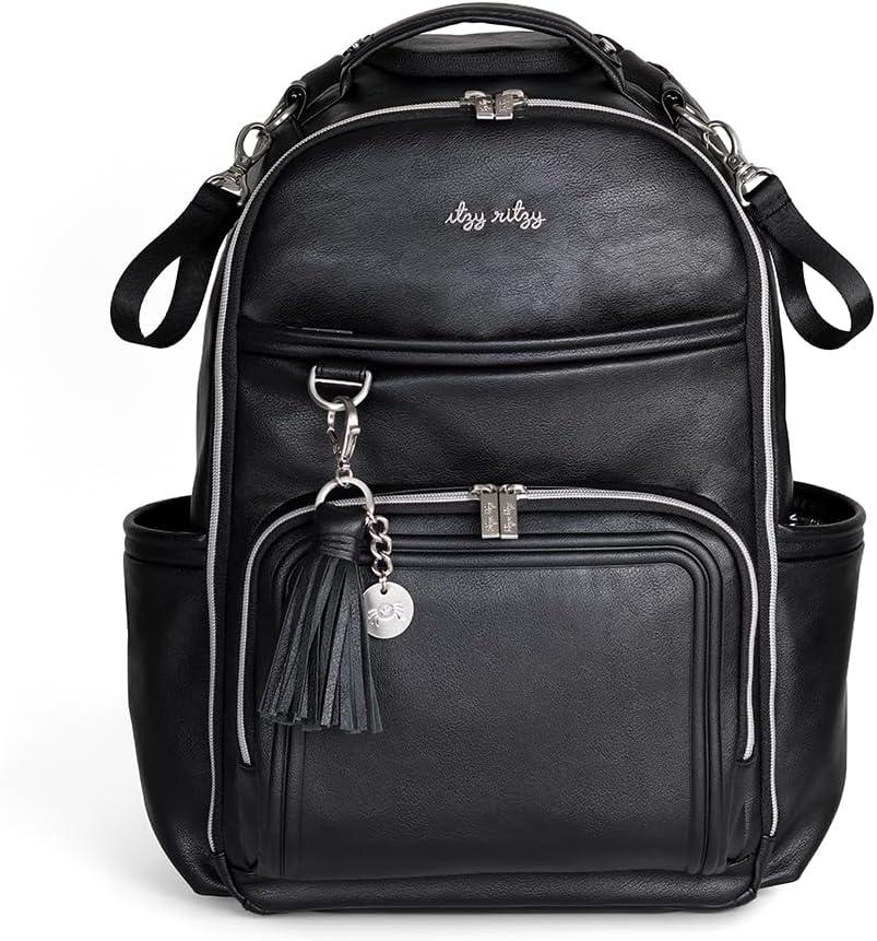 Itzy Ritzy Diaper Bag Backpack – Large Capacity Boss Plus Baby Backpack Diaper Bag Featuring 19 Pockets, Changing Pad, Stroller Clips, and Comfortable Straps (Black with Silver Hardware)