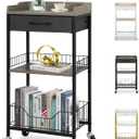 4-Tier Tall Side Table with Optional Wheels, Narrow End Table with Drawer and Shelves, Tall Nightstand for Dorm, 30" High Small Storage Table for Living Room, Bedroom, Bathroom, Black &Grey