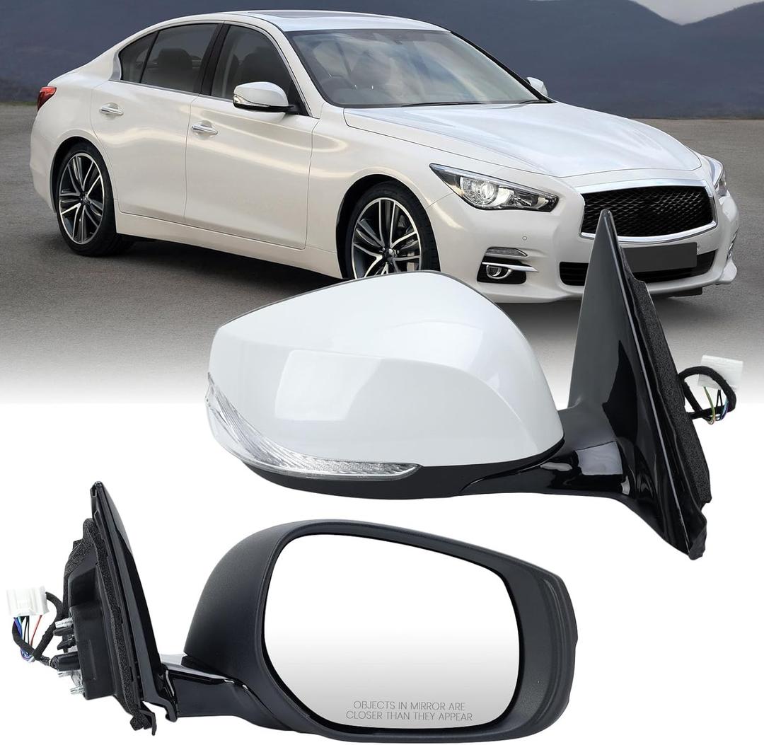 Right Passenger Side Mirror Compatible with Infiniti Q50 2014-2021 Heated Power Glass Manual Folding Turn Signal Indicator 7 Pins Replace IN1321129 | 963014HB0A (Pearly White)