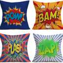 Super Hero Quote Pillow Covers 18" x 18" Set of 4 Pow/Bam/Splash/Zap with Exclamation Pattern Art Comic Design Decorative Throw Pillow Covers Cushion Case for Sofa Couch