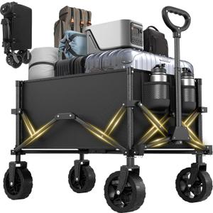 Collapsible Wagon with Wheels, Portable Wagons Carts Foldable, Folding Wagon Cart for Groceries, Sports Garden Shopping Utility Wagon, Black