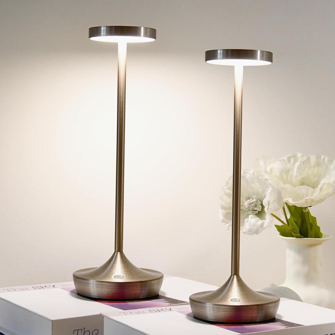 2 Pack LED Cordless Table Lamp RechargeableOutdoor Battery Operated Desk Lamp Touch 3 Color Dimming Portable Waterproof Night Light for Patio/Restaurant/Dining/Home (Chrome)