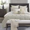 Madison Park Queen Comforter Set Clipped Jacquard Stripes with Buttons Boho Comforter for a Queen-Size Bed, Cotton Oversized Comforters with Removable Cover Boho Bedding, Queen Ivory 8 Piece
