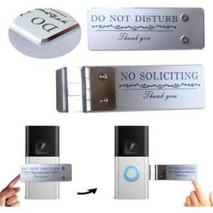 Metal Doorbell Cover No Soliciting Sign for House, Doorbells Cover That Rotates From DO NOT DISTURB To NO SOLICITING, Flipable No Solicitors Signs for Ring Door Bell, Left & Right Mode, Easy Installation, The Gift for Home Offices and Moms with Sleeping Baby, Do Not Ring Doorbells Blocker (Silver, Right)