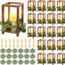 54 Pcs/18 Set Wooden Wedding Lantern Centerpiece, Wooden Centerpieces for Tables-with 18 Holders 18 Candles 18 Wreaths for Rustic Table Decoration Country Barn Wedding Party (Brown)
