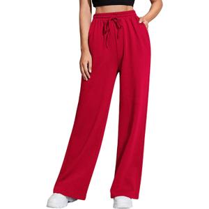 Wide Leg Sweatpants for Women Elastic High Waisted Drawstring Loose Pants with Pockets (Large, Red)