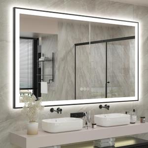48"W 32"H Wall Mounted Bathroom Mirror With LED Anti Fog Lighting With Back And Front Lights