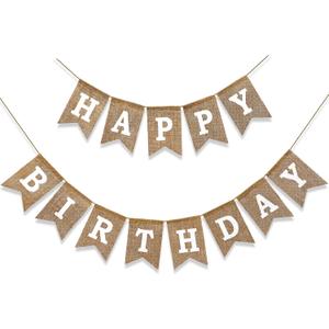 Happy Birthday BannerPreStrung Burlap 9ft Birthday Decorations & Reusable Birthday Sign for Men, Women & Kids | Party Supplies Backdrop (White)