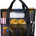 Large Mesh Beach Bag - Lightweight & Foldable Family Beach Bag with 9 Pockets for Toys, Towels & Vacation Essentials (Black)