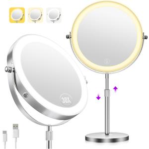 1X/30X Makeup Mirror with Lights, Brightness Adjustable with 3 Colors, Double Sided Magnifying Mirror with 360 Rotation, Lighted Makeup Mirror with Magnification, Ideal Gift for Women