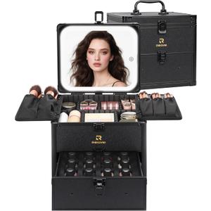 Relavel Makeup Bag with LED Mirror, Dual Layer Cosmetic Train Case with Light up Mirror Large Travel Makeup Artist Organizer Bag for Women with Adjustable Dividers & Nail Polish Organizer, Black