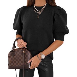 Women's Puff Short Sleeve Sweater Tops 2025 Spring Summer Trendy Crew Neck Casual T Shirts Blouses (XX-Large, Black)