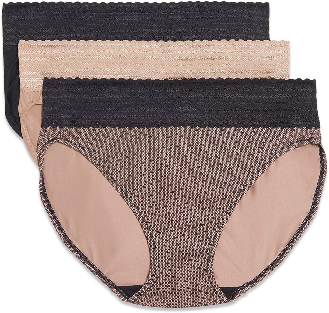 Warner's Women's Blissful Benefits Dig-Free Comfort Waistband with Lace Microfiber Hi-Cut 3-Pack 5109w (Large, Black/Toasted Almond/Lace Dot)