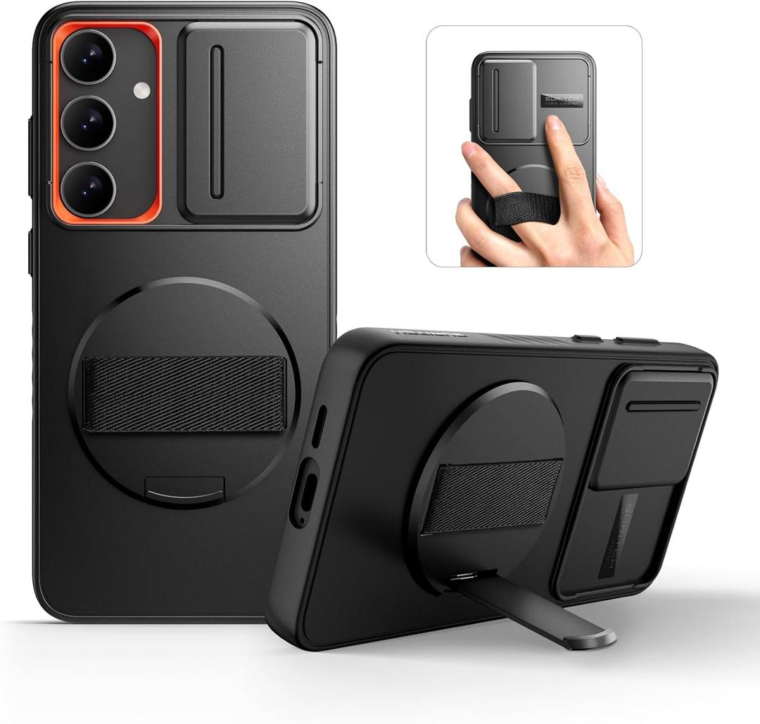 SURITCH for Samsung Galaxy S24 Plus Case with 360° Rotatable Hand Strap Phone Grip & Invisible Kickstand & Slide Camera Cover, Rugged Shockproof Protective Cover for S24 Plus Black