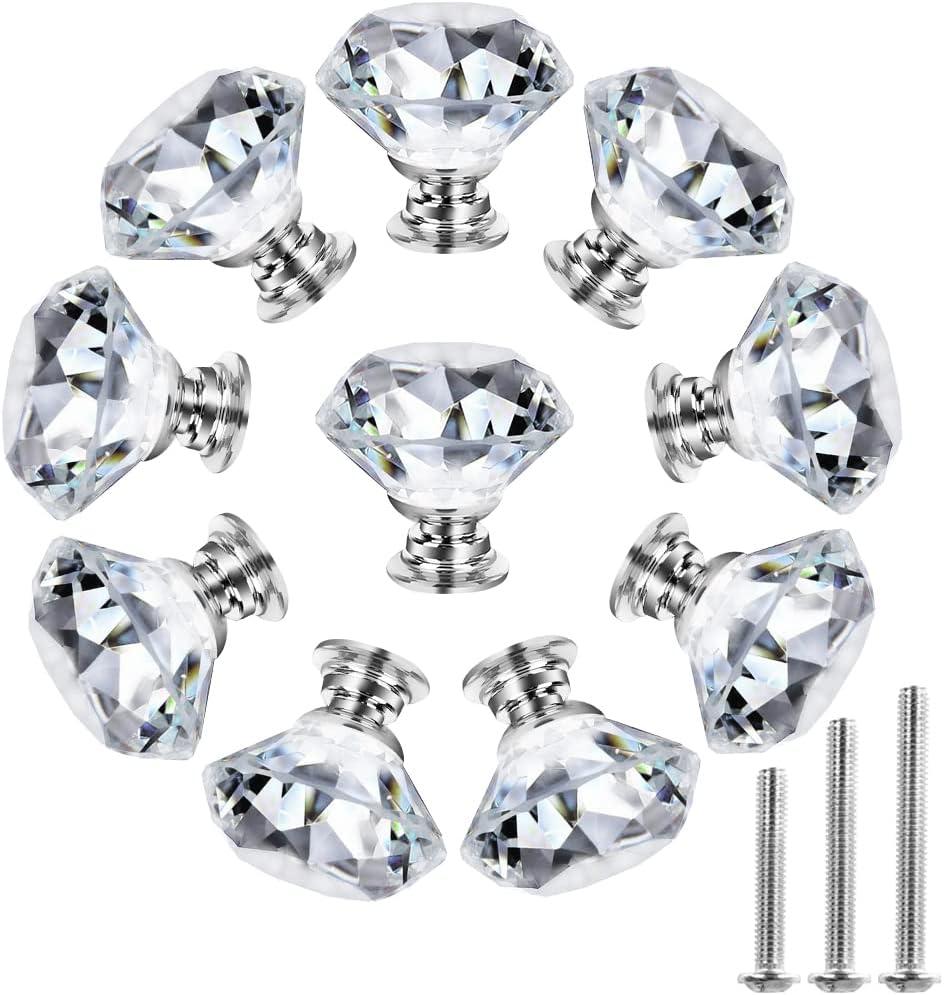 NORTHERN BROTHERS Cabinet Knobs - Crystal Dresser Knobs for Cabinets and Drawers 30mm- Diamond Glass Pulls Handles 10 Pack Silver