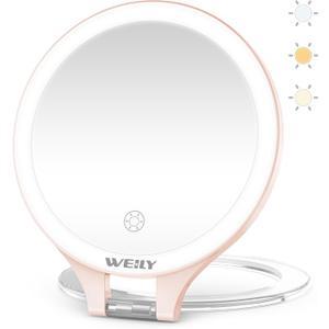 WEILY Magnifying Mirror with Light, 10X/1X Magnification Double-Sided Travel Makeup Mirror, with 3 Color Lights, Touch Control, Rechargeable Portable Mirrors for Bedroom, Bathroom (Pink)