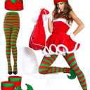 SATINIOR 4 Pcs Christmas Elf Costume for Women - Elf Hat, Shoes, Striped Tights, Stocking, Cosplay Accessory - Multicoloured