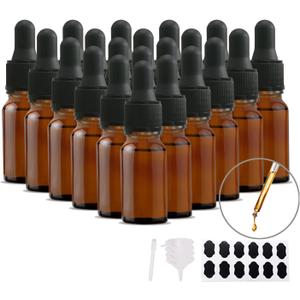 48 Pack 10 ml (1/3 oz) Glass Dropper Bottles for Essential Oil, Amber Round Glass Boston Bottle With Black Eye Dropper for Massage Oil, Empty Refillable for Travels