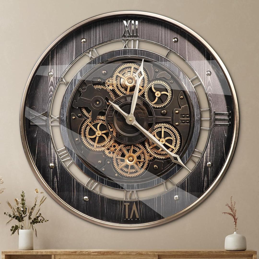 HOIBAI Wall Clock, 24 Inch Moving Gears Clock Large Wall Clock for Living Room Decor Rustic Vintage Industrial Steampunk Farmhouse Big Clock for Home Kitchen Bedroom Office