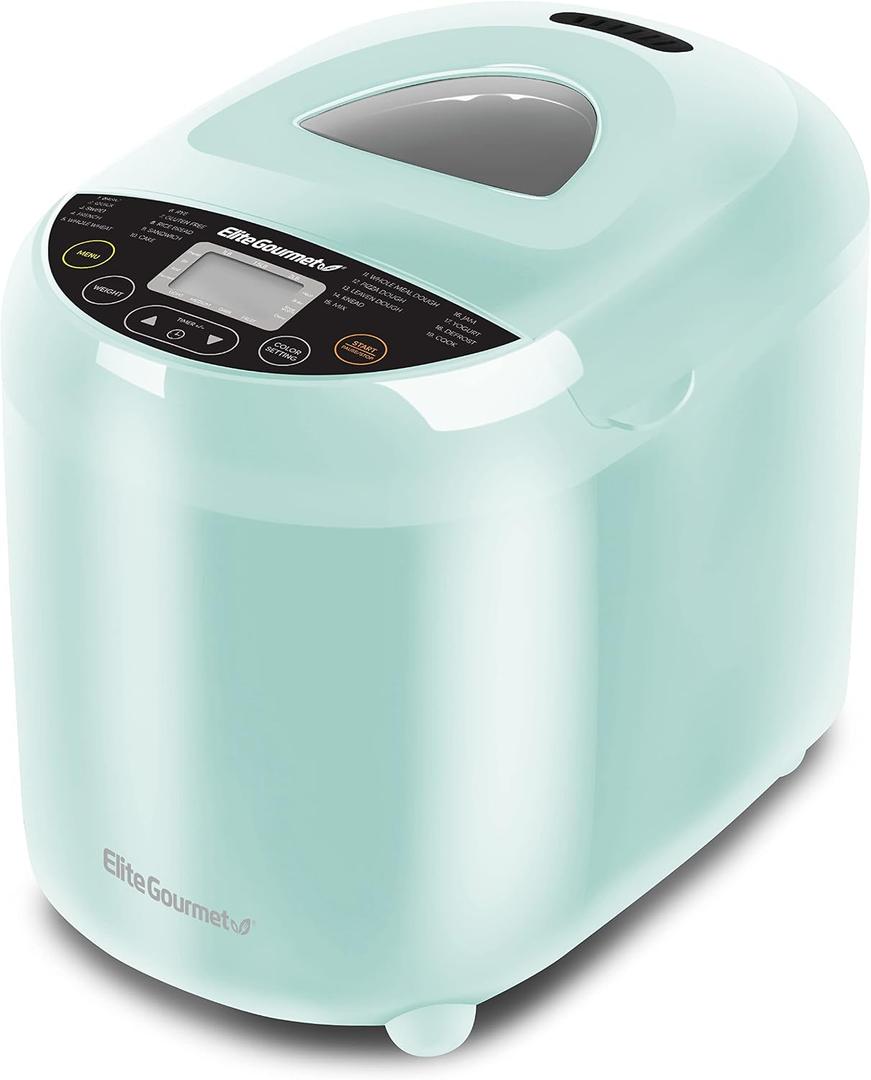 Elite Gourmet Programmable Bread Maker, 2 lb Loaf, 3 Sizes, 19 Presets incl. Gluten-Free, Dough & Jam, Delay Timer, Mint